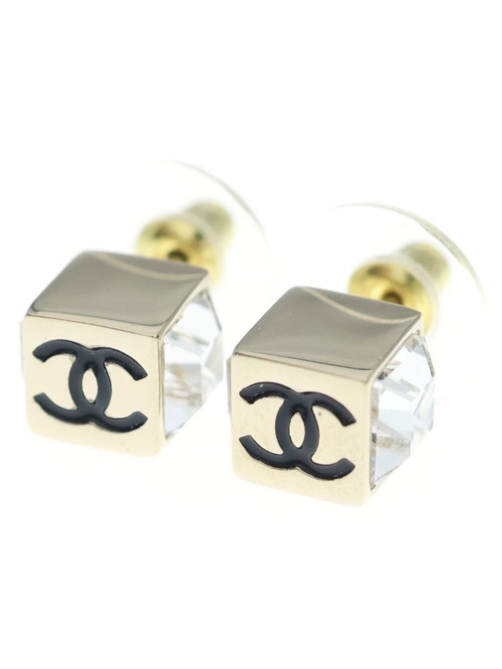 Chanel CC Logo Square Rhinestone Gold Earrings